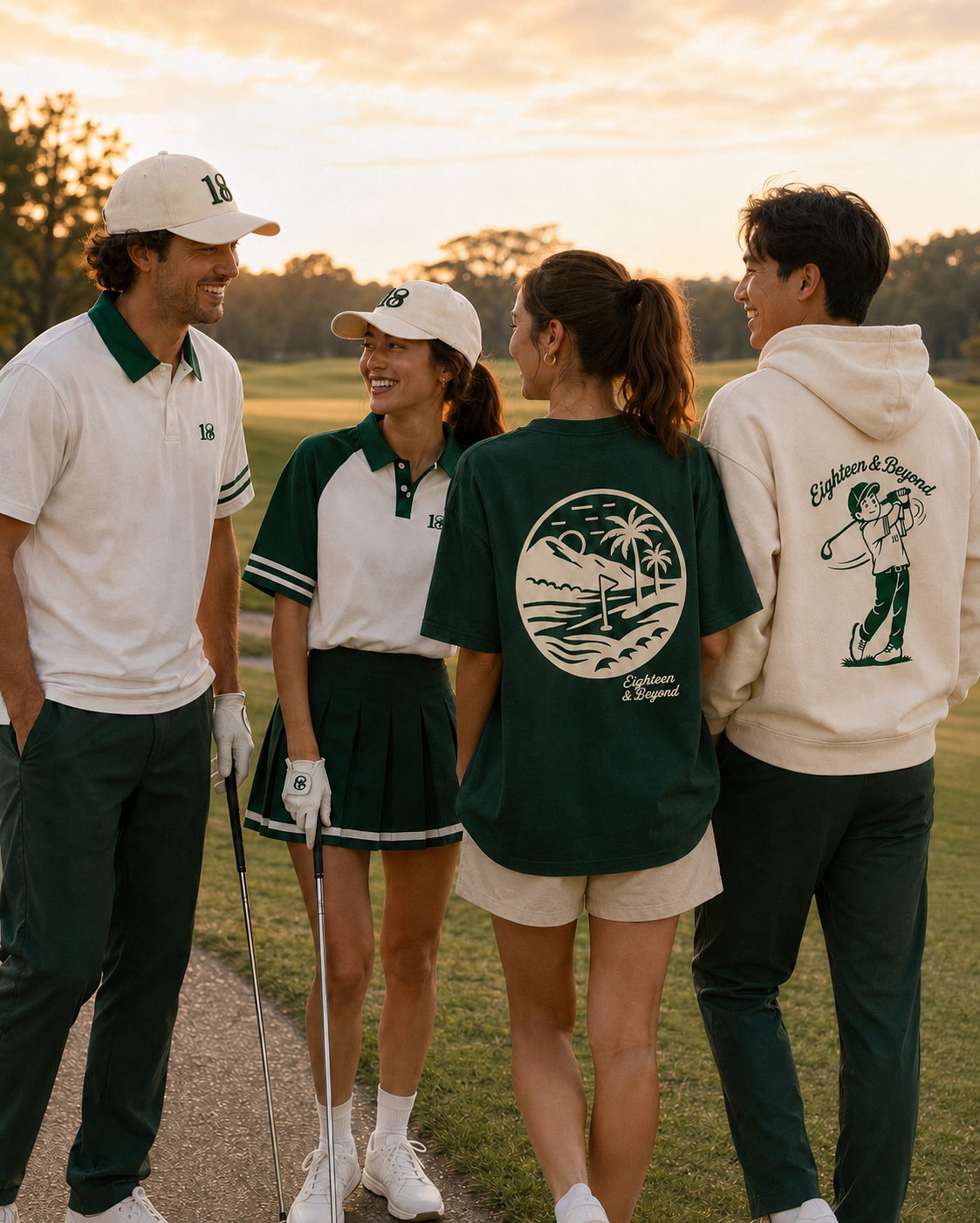 Group of people on the golf course wearing a range of Eighteen and Beyond clothing
